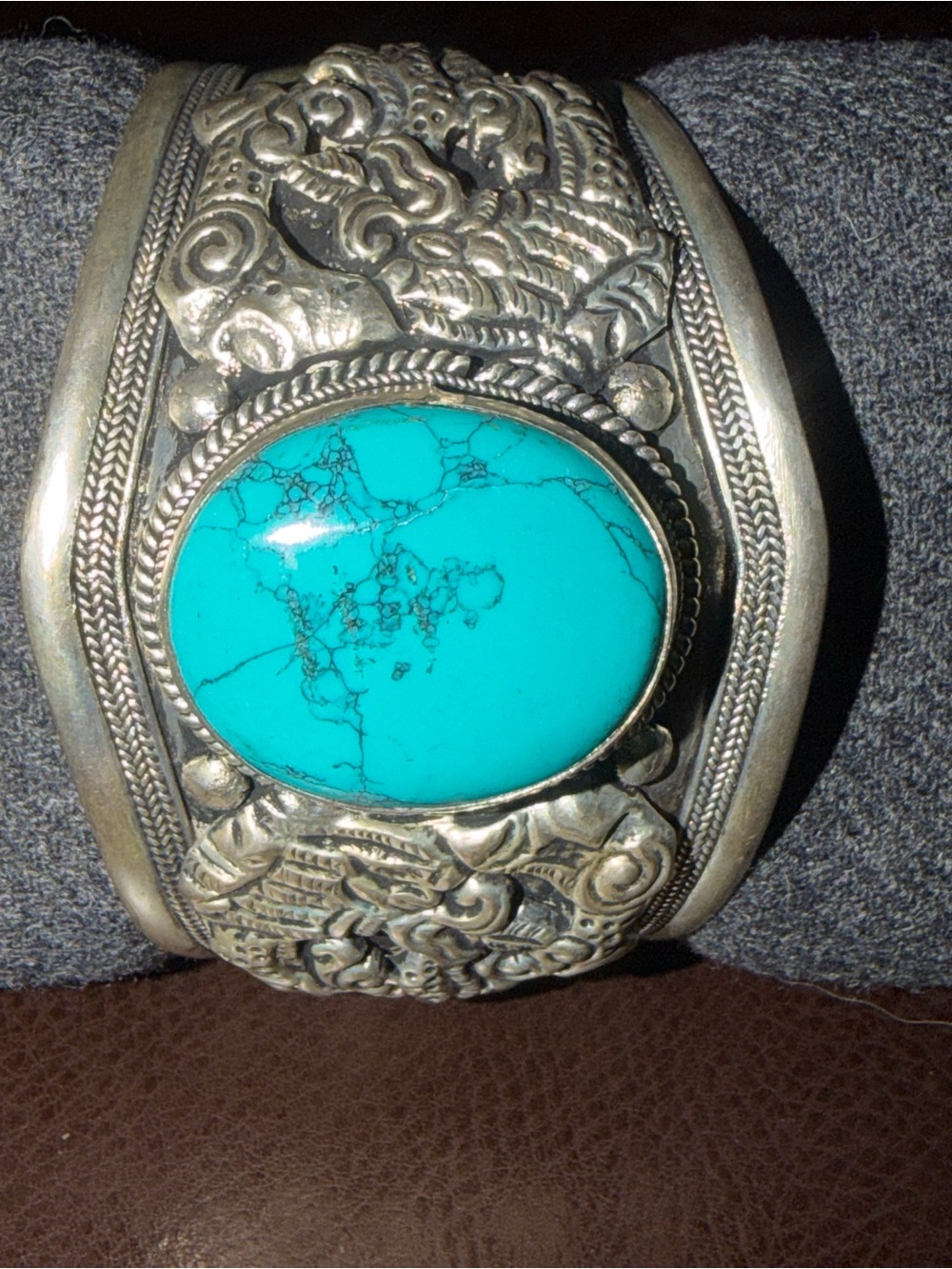 Tibetan Handcrafted Silver Cuff Bracelet with Turquoise Stone